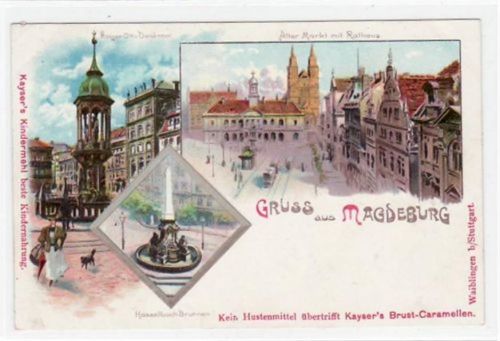 Lithographie Gruss aus Magdeburg. Kaiser Otto - Denkmal, Alter Markt mit Rathaus Hasselbach - Brunnen. Postalisch nicht gelaufen, sehr frühe Karte. Gute Erhaltung.