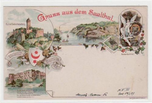Lithographie Gruß aus dem Saalethal bei Halle mit Kaiserdenkmal, Jahnhöhle, Ruine Giebichenstein, Saale mit Trota´schen Felsen und Moritzburg. ungelaufen von 1897. Gute Erhaltung.