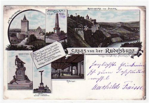 Lithographie Gruß von der Rudelsburg mit Rittersaal, Bug und Denkmäler gelaufen von 1899. Oxydationsspuren an den Rändern, sonst gut erhalten.