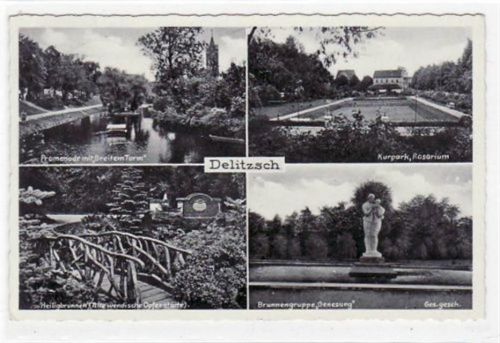 Delitzsch mit Kurpark, Rosarium Promenade, Brunnengruppe " Genesung " und Heiligbrunnen gelaufen von 1939. Gute Erhaltung.