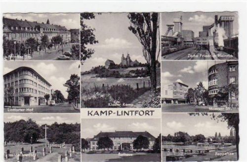 Kamp - Lintfort mit 8 Abbildungen gelaufen, mit Marke und Stempel, Datum nicht lesbar. Gute Erhaltung.