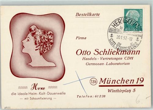 München 1957 Dauerwelle Hexe Bestellkarte der Firma Schliekmann Handels-Vertretungen