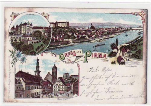 Pirna Pirna, Lithographie mit Schloss, Marktplatz und Totalansicht gelaufen von 1901 kleiner Knick oben in der Mitte, Oxydationsspuren an den Rändern, leichter Stempeldurchdruck, sonst gut erhalten.