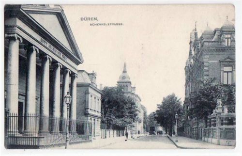 Düren mit Schenkelstrasse gelaufen von 1907. Leicht abgerundete Ecke n, leicht bügig, leicht fleckig, sonst gut erhalten