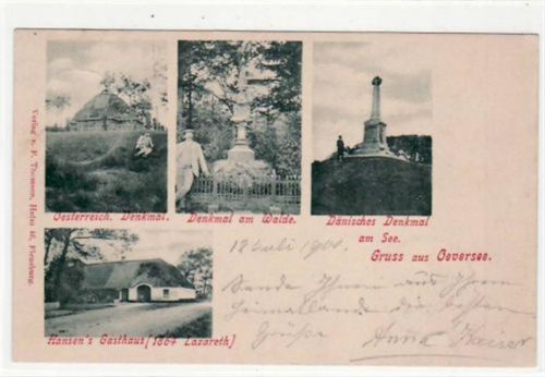 Oeversee, 4 Abbildungen mit Hansen´s Gasthaus u. Denkmal gelaufen, 1900. Leichter Stempeldurchdruck, sonst gut erhalten