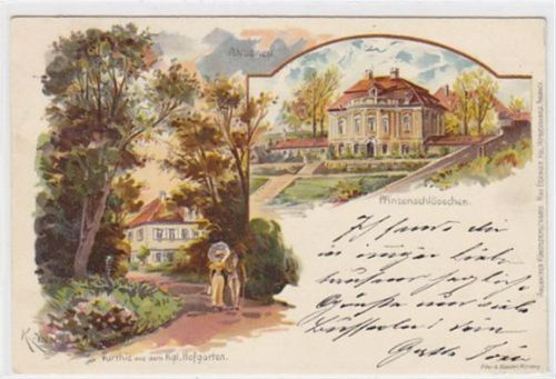 Lithographie Ansbach. Prinzenschlösschen Partie aus dem Kgl. Hofgarten gelaufen. Sehr gute Erhaltung.