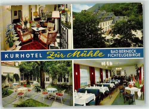 Bad Berneck Kurhotel Zur Mühle Anna Trensch OHG Aufenthaltsraum Blumenvase Garten Gastraum gedeckter Tisch