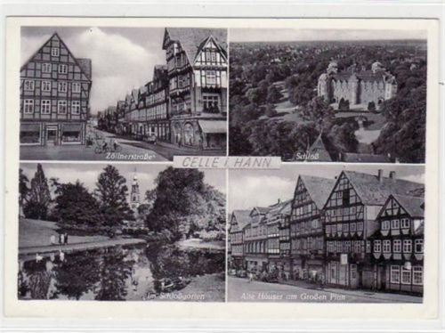 Celle mit Zöllnerstraße und Schloß gelaufen, mit Marke und Stempel, Datum nicht lesbar. Gute Erhaltung.