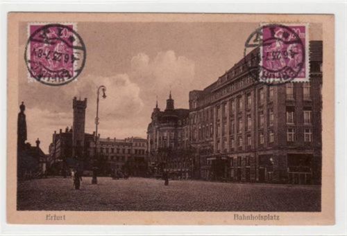 Erfurt mit Bahnhofsplatz gelaufen 1923 kleiner Knick oben rechts, sonst gut erhalten.