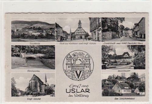 Uslar Uslar mit Schützenhaus, Mühlentor und Langestraße gelaufen, 1962, aptierter Stempel. Gute Erhaltung.