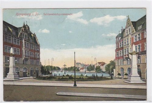 Königsberg Schlossteichpromenade in Königsberg / Kaliningrad gelaufen 1911 kleiner Knick unten links. Leichter Bug oben. Leichte Stempelspuren. Leichter Stempeldurchdruck.