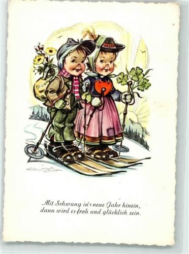 sign. Hanitzsch Nr. 628 Neujahr Kinder Glücksklee Geldsack Hufeisen AK