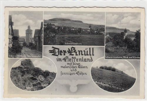 Schwarzenborn mit Bermanndenkmal, Marktstraße, Blick auf die Kirche und Knüllköpfchen gelaufen, 1940. Gute Erhaltung.