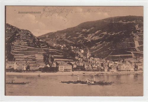 Assmannshausen Assmannshausen. Gesamtansicht mit Rheindampfer gelaufen, 1916 kleiner Knick oben links, sonst gut erhalten