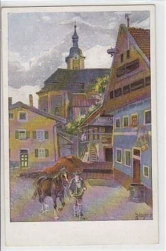 Künstlerkarte Miesbach. Ledererstraße. Alte Karte wurde erst am 11.08.1967 verwendet. Sehr gute Erhaltung.