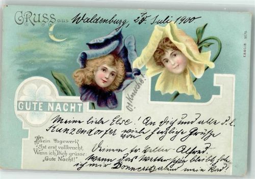 Blüten vermenschlicht - Gute Nacht Karte AK Blüte mit Menschengesicht 1900 Lithographie / Mondschein