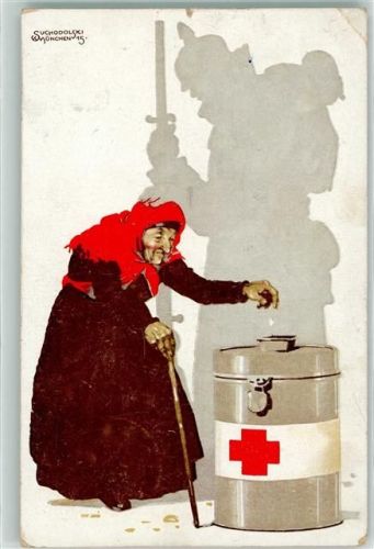 Alte Frau Sammeldose sign. Suchodolski AK Rotes Kreuz 1915 Künstlerkarte
