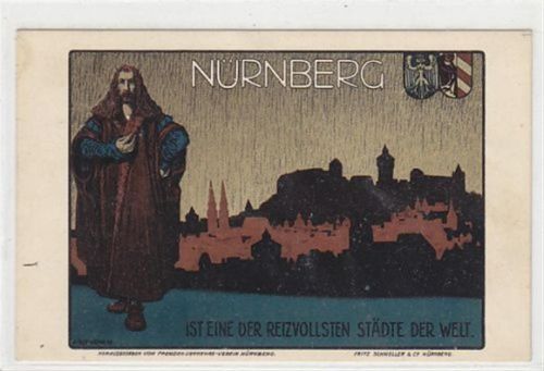 Künstlerkarte mit Panorama von Nürnberg und Dürer gelaufen als Feldpost am 07.09.1914. Gute Erhaltung.