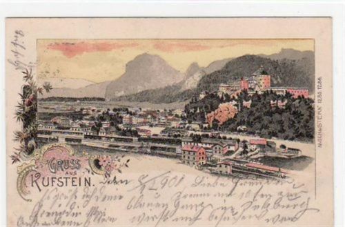 Kufstein in Tirol, Lithographie mit Gesamtansicht gelaufen von 1901. Leichter Bug unten rechts, kleiner Knick unten links, leichte Stempelspuren, sonst gut erhalten