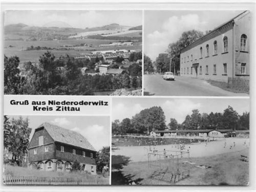 Niederoderwitz, Kreis Zittau mit Straßenpartie u. Schwimmbad gelaufen. Gute Erhaltung.