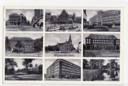 Gelsenkirchen, 9 Abbildungen mit Sparkasse u. Bahnhofstraße gelaufen, mit Marke und Stempel von 1954 kleiner Knick oben links, sonst gut erhalten