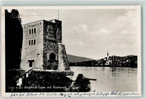 Linz 1938 Anschluß Turm Inschrift Ein Volk ein Reich Foto AK