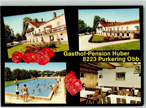 Purkering Gasthaus Pension F. Huber Rosen Terrasse Auto Schwimmbad Gastraum Blumenvase