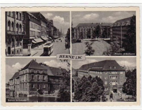 Herne, 4 Abbildungen mit Bahnhofstraße gelaufen, mit Marke und Stempel von 1959. Leicht bügig, leichter Schriftdurchdruck, sonst gut erhalten