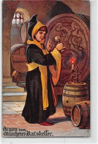 München Gruß vom Münchner Ratskeller. Münchner Kindl bei der Weinprobe im Kerzenschein ungelaufen leichte Abschürfungen, sonst gut erhalten