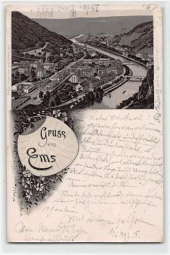 Lithographie Ems. Gesamtansicht gelaufen. leichte Abschürfungen, leicht fleckig, kleiner Knick oben links, sonst gut erhalten
