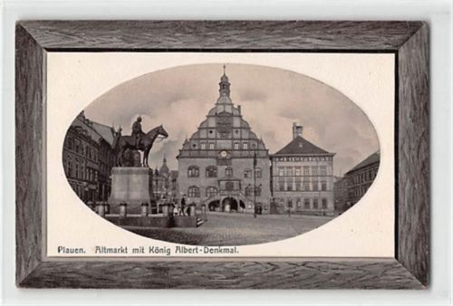 Plauen Passepartoutkarte Plauen im Vogtland. Altmarkt mit König Albert-Denkmal gelaufen. Marke entfernt, Abrißspuren. leichte Abschürfungen, leicht fleckig, sonst gut erhalten