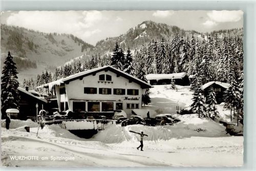 83727 W8162 Spitzingsee Foto AK Gasthaus Cafe Wurzhütte Hüttenstempel Winter Schnee Autos Ski
