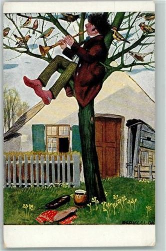 1915 sign. S. Spiegel Der Sonderling Serie XXVIII Nr. 6 Mann mit einer Flöte sitzt im Baum AK