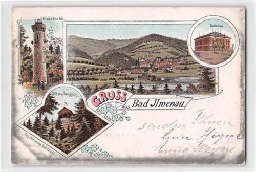 Ilmenau colorierte Lithographie Bad Ilmenau mit Technikum, Schwalbenstein und Kickelhahn gelaufen. leichte Abschürfungen, kleiner Knick unten rechts, Oxydationsspuren, sonst gut erhalten