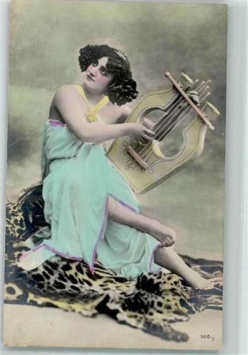 Frau Leopardenfell Leier handcoloriert AK