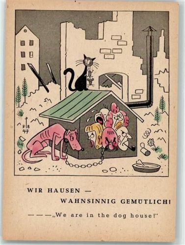1947 Wir Hausen - Karikatur Serie "Zeitgemäßes" sign. Rolf Peter Bauer handcoloriert