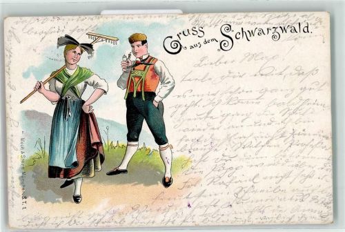 Gruss aus dem Schwarzwald , Frau mit Harke und Mann mit Pfeife Verlag Moch & Stern S.T. 1 Trachten Schwarzwald 1898 Lithographie / Künstlerkarte