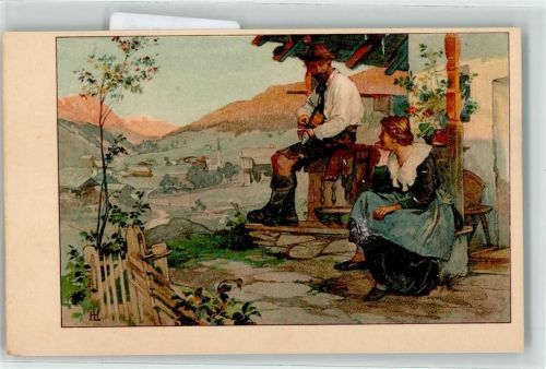 1899 sign. Auf der Alm Liebespaar Gitarre D.T.C.L. Serie 85/6 sign. HL