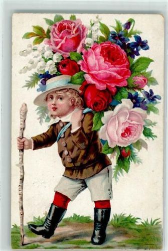 Kind trägt in der Kiepe wunderschöne Rosen AK Rose 1906 Prägedruck