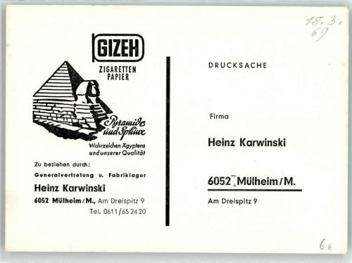 Mühlheim Gizeh Zigaretten Papier Bestellkarte Generalvertretung