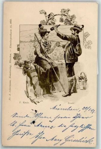 1899 sign. F. Kruis Wandern in der Pause Wein trinken Verlag Ackermann Nr. 666 AK