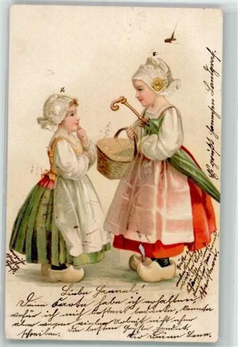 1905 Kinder mit Holzschuhe Tracht Regenschirm Lithographie AK