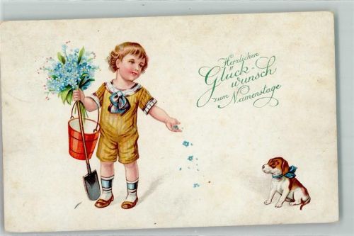 1930 Kind mit Schaufel, Eimer , Vergissmeinnicht und Hund AK