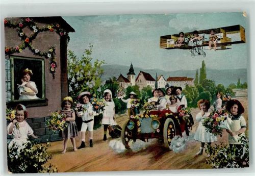 1916 Flugzeug mit Babys , Kinder mit Blumen AK