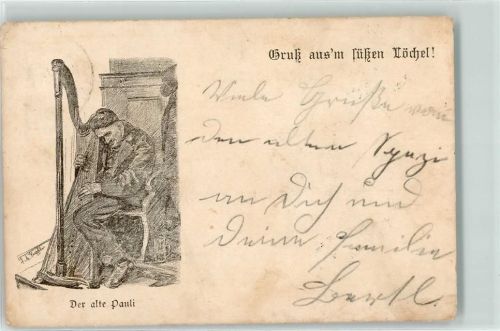 Der alte Pauli Harfenspieler sign. Kupfer - Guss aus dem süßen Löchel Harfe 1901 Gebrauchsspuren