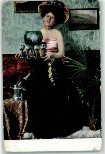 1900 Dame Sektkübel Tablett Wein AK