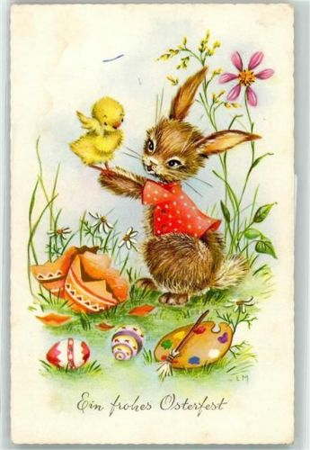 1968 Hase vermenschlicht Farbpalette Küken sign. LM AK