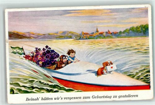 1929 Speedboot Kinder Blumenkorb Brief Hund AK