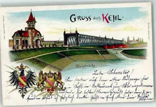 77694 W7640 Kehl 1899 Lithographie Gruss Rheinbrücke Turm Qappen Adler Schwarz Rot Gold Krone Schiff Ruderboot