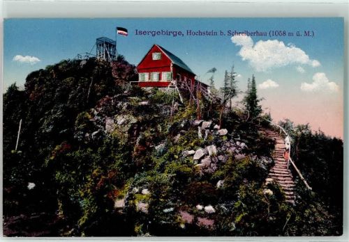 Schreiberhau Isergebirge Hochstein 1058 m Fahne Schwarz-Weiß-Rot Hüttenstempel